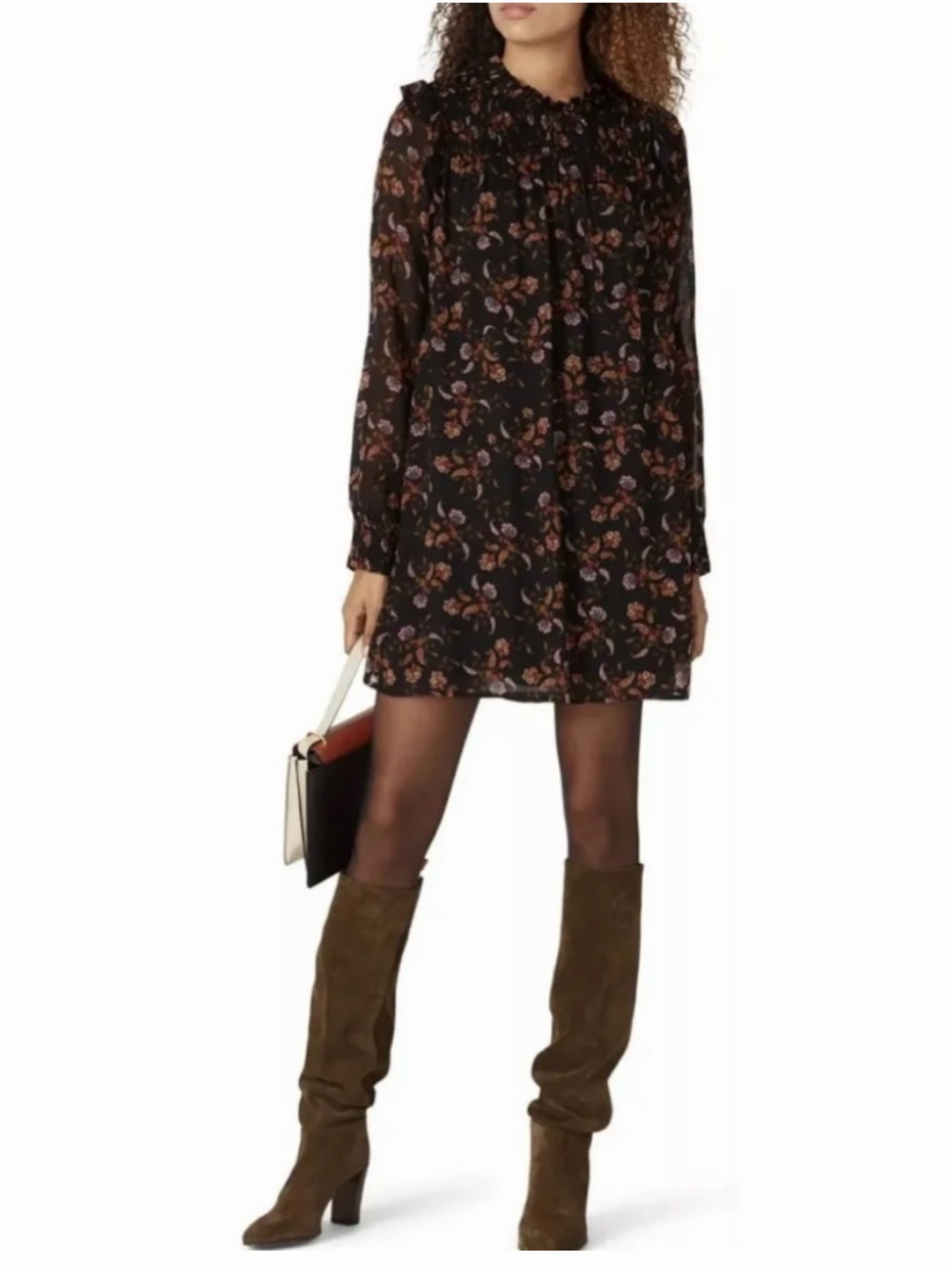 Sanctuary Printed Run Wild Black Floral Smocked Mini Shift Size 6 Long Sleeves